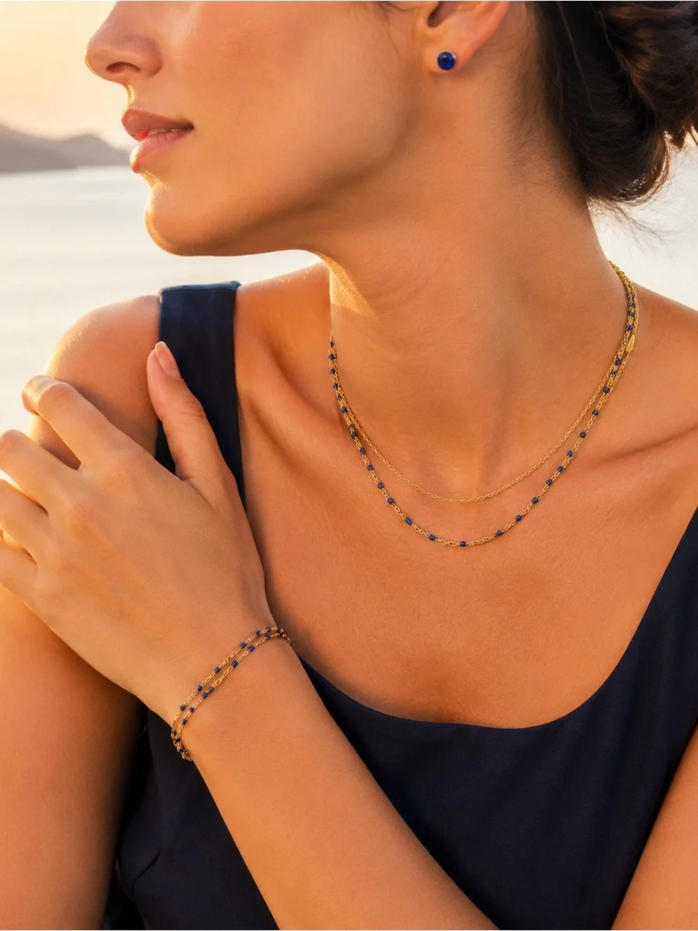 Plunder Blue Beaded Double Chain Necklace Gold NWT